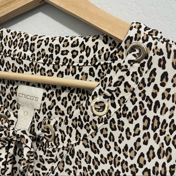 Chico’s Blouse Cheetah Leopard Animal Print Dolman Sleeve Bow Tie Womens Small S - Picture 5 of 13